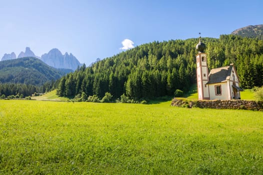 Santa Magdalena village in Val di Funes on the italian Dolomites at sunrise, Italy