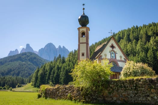 Santa Magdalena village in Val di Funes on the italian Dolomites at sunrise, Italy