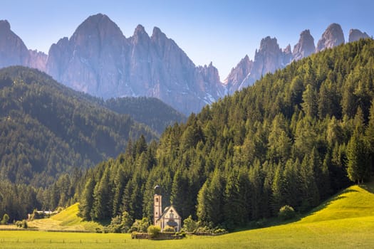 Santa Magdalena village in Val di Funes on the italian Dolomites at sunrise, Italy