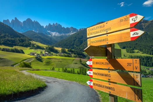 Santa Magdalena village in Val di Funes on the italian Dolomites at sunrise, Italy