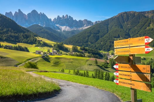 Santa Magdalena village in Val di Funes on the italian Dolomites at sunrise, Italy