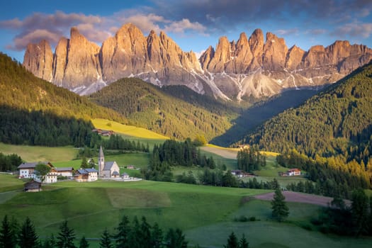 Santa Magdalena village in Val di Funes on the italian Dolomites at sunset, Italy