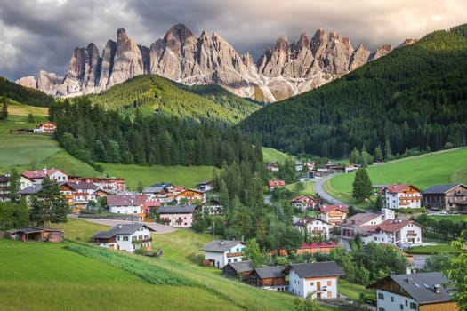 Santa Magdalena village in Val di Funes on the italian Dolomites at sunset, Italy