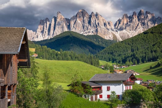 Santa Magdalena village in Val di Funes on the italian Dolomites at sunset, Italy