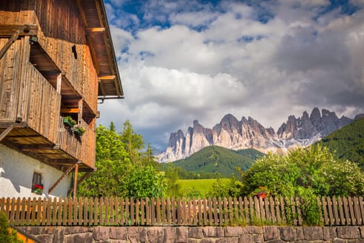 Santa Magdalena village in Val di Funes on the italian Dolomites at sunset, Italy