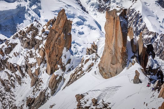 Mont blanc peak and massif, mountain climbing above glaciers, French Alps, France