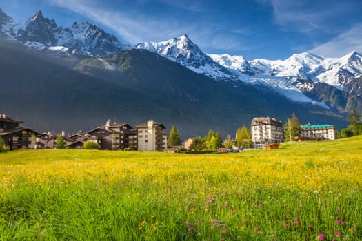 Chamonix village and Mont Blanc Massif in Haute Savoie, French Alps, France