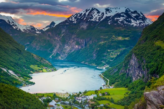 Idyllic Geiranger fjord and village at sunset, Norway, Scaninavia, Northern Europe