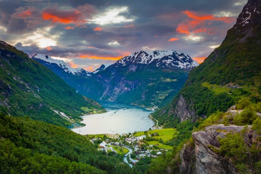 Idyllic Geiranger fjord and village at sunset, Norway, Scaninavia, Northern Europe