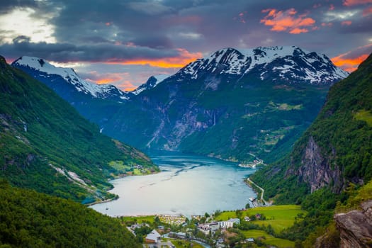 Idyllic Geiranger fjord and village at sunset, Norway, Scaninavia, Northern Europe