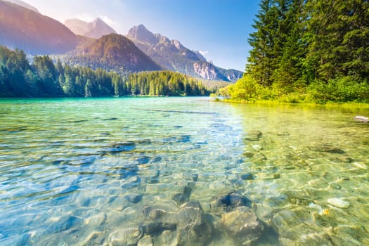 Alpine and idyllic Lake Tovel , Trentino alto adige, Dolomites alps , Italy