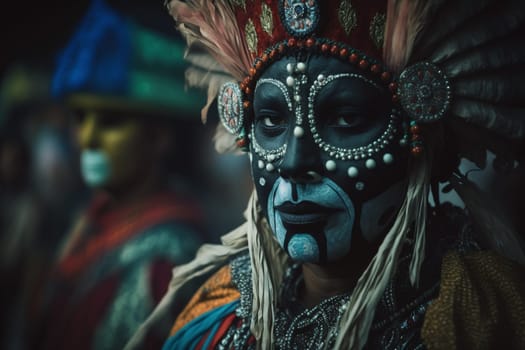 Colombian festival, masks, authentic local outfits, big boots, bright colors, slashed faces. carnival. High quality 3d illustration. Generative AI