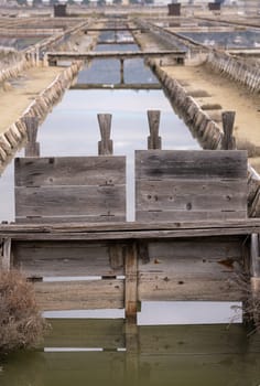 Winter panoramic view of marine pools in Secovlje salt pan, Slovenia