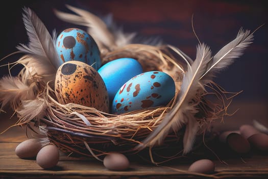 Easter eggs banner background. Feathers in a nest on a blue wooden background with a copy of the place for the text.