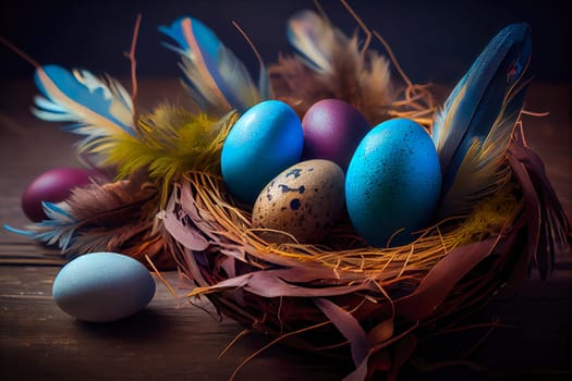 Easter eggs banner background. Feathers in a nest on a blue wooden background with a copy of the place for the text.