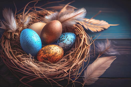 Easter eggs banner background. Feathers in a nest on a blue wooden background with a copy of the place for the text.