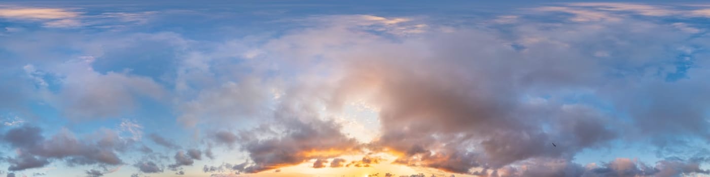 Dark blue sunset sky panorama with pink Cumulus clouds. Seamless hdr 360 pano in spherical equirectangular format. Full zenith for 3D visualization, game, sky replacement for aerial drone panoramas