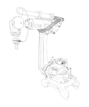 Industrial robot manipulator. 3d illustration in sketch style or blueprint