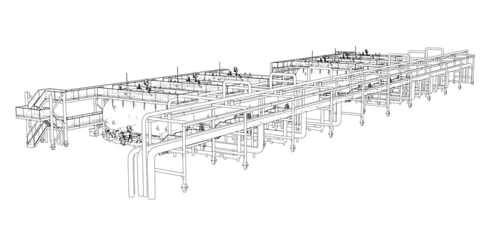 Sketch of industrial equipment. 3d illustration. Wire-frame style