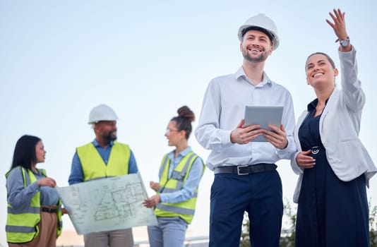 Outdoor, blueprint and architecture people planning, teamwork and collaboration at construction site. Engineering project, floor plan and manager woman talking to contractor of building development.