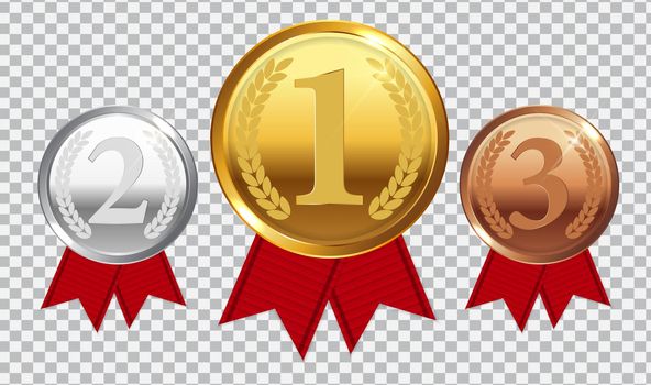 Champion Gold, Silver and Bronze Medal with Red Ribbon. Icon Sign of First, Second and Third Place Isolated on Transparent Background. Vector Illustration EPS10