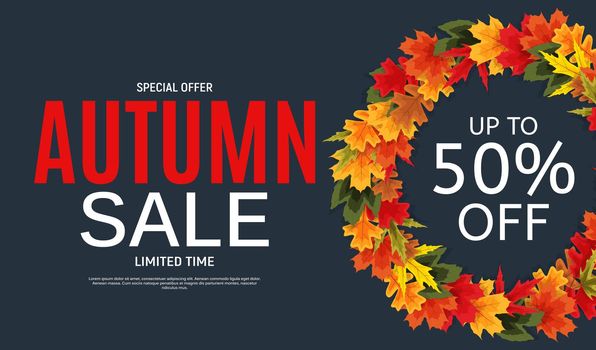 Shiny Autumn Leaves Sale Banner. Business Discount Card. Vector Illustration EPS10