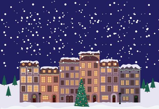 Winter Christmas and New Year Little Town in retro Style. Vector Illustration EPS10