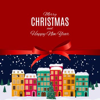 Merry Christmas and Happy New Year Background with Little Town in retro Style. Vector Illustration EPS10
