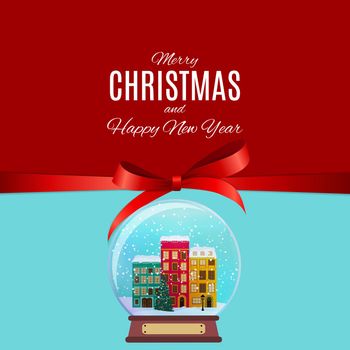 Merry Christmas and Happy New Year Background with Little Town in retro Style. Vector Illustration EPS10