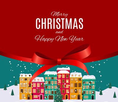 Merry Christmas and Happy New Year Background with Little Town in retro Style. Vector Illustration EPS10