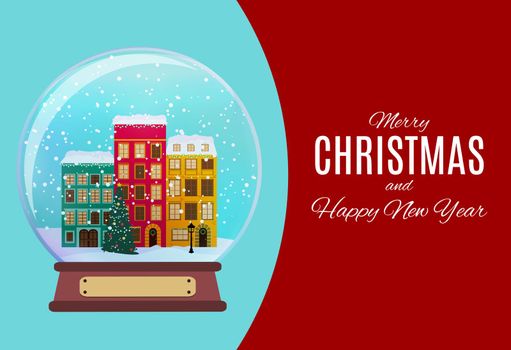 Merry Christmas and Happy New Year Background with Little Town in retro Style. Vector Illustration EPS10