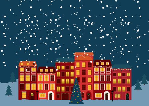 Winter Christmas and New Year Little Town in retro Style. Vector Illustration EPS10