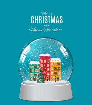 Snow glass globe with little town in winter for Christmas and New Year gift.Vector Illustration EPS10