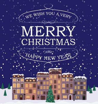 Merry Christmas and Happy New Year Background with Little Town in retro Style. Vector Illustration EPS10