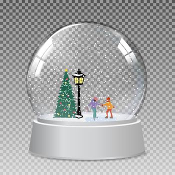 Snow glass globe with children skate in winter for Christmas and New Year gift.Vector Illustration EPS10