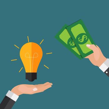 Hand holds money and light bulb. Investing in innovation concept. Modern flat design graphics. Vector illustration EPS10