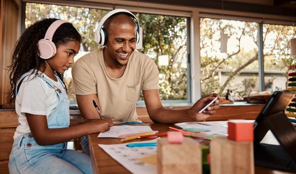 Headphones, black family and kid with online audio streaming, language learning and translation service for support. Happy father with girl child listening on tablet app for webinar or video call.