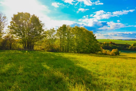 Beautiful landscape in nature - Czech Republic. Sun sky and green trees with grass at sunset.