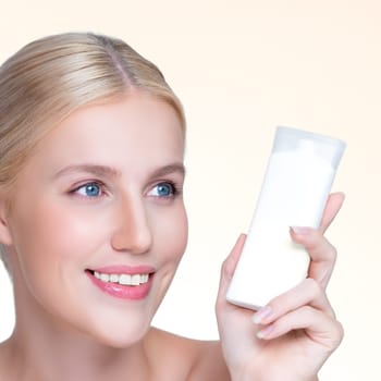 Closeup personable beautiful perfect natural skin woman hold mockup tube moisturizer cream for skincare treatment product advertising expressive facial and gesture expression in isolated background.