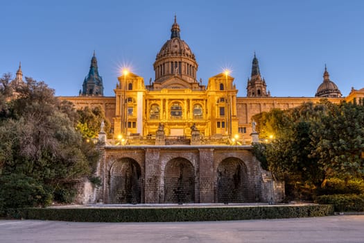 The Montjuic National Palace in Barcelona at dusk