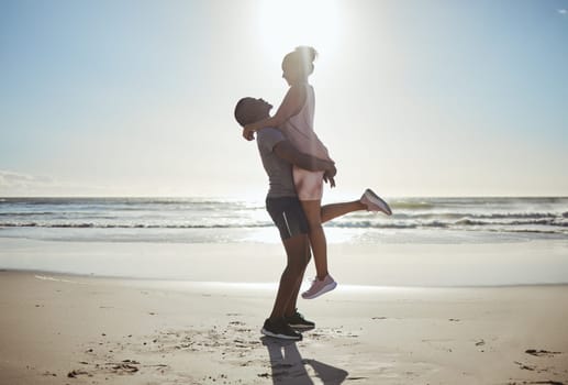 Love, beach sunset and black couple on travel holiday honeymoon for anniversary in Cancun Mexico spring break, summer fun and fitness run. Man, woman and happy relationship romance enjoy morning sun.