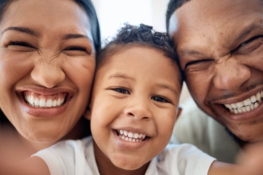Selfie, face smile and black family in home bonding, taking photo and enjoying time together. Portrait, love and picture of girl, father and mother for happy memory, social media or online post