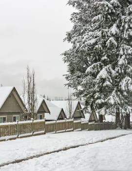 Row of suburban houses in snow with overcast sky background. Winter in Canada