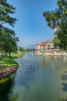 Ducks in front of luxury residential building with boat pier at the entrance. House at waterfromt in British Columbia