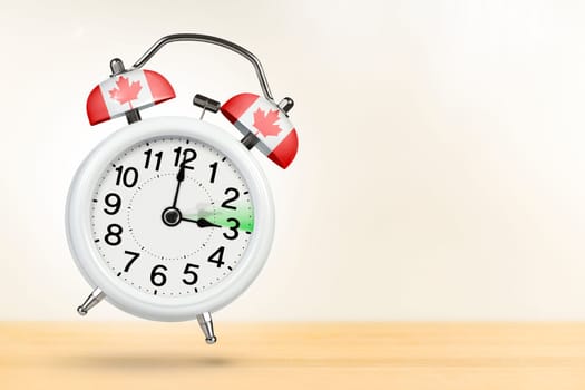 Time change in Canada, spring forward. Summer time concept, over white background. A white alarm clock with a minute hand indicates that the time has been moved forward an hour with copy space