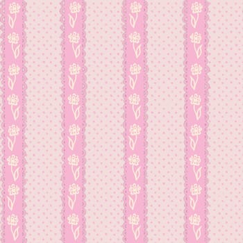 Hand drawn seamless pattern with pink lace stripes with flowers polka dot background. Nursery girly print with vertical lines, shabby chic victorian retro vintage style, cute romantic print wall wrapping paper textile, pretty rose floral art