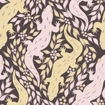 Hand drawn seamless pattern with beige brown pink gecko lizard, neutral pastel amphibian animal in folk ethnic style with berries leaves branches floral background, trendy nature theme