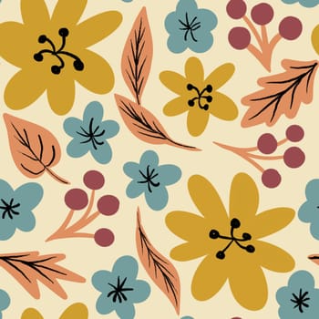 Hand drawn seamless pattern with floral flowers in yellow mustard, beige blue. Red berries, orange leaves, retro vintage 60s 50s style, mid century modern print for textile wrapping paper. Bold florals botanical decoration boho bohemian hippie style