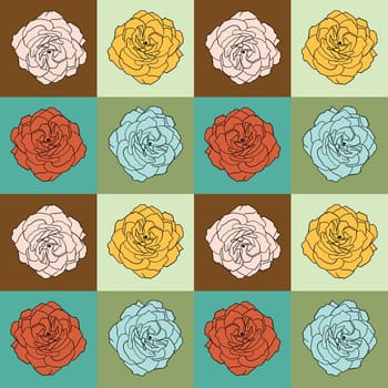 Hand drawn seamless pattern with roses on checkered checks background. Retro vintage mid century modern squares checkerboard print, floral elements, boho bohemian style, yellow orange turquoise brown colors, bright colorful design