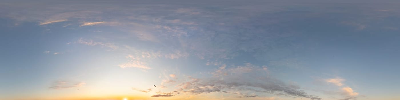 Dark blue sunset sky panorama with pink Cumulus clouds. Seamless hdr 360 pano in spherical equirectangular format. Full zenith for 3D visualization, game, sky replacement for aerial drone panoramas